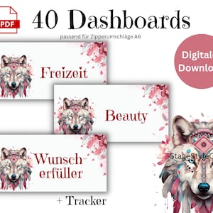 Könnte beinhalten: Digitaler Download von 40 Dashboards für A6-Zipperumschläge. Das Design zeigt einen Aquarellwolf mit indianischem Kopfschmuck und floralen Akzenten. Die Dashboards enthalten die Wörter "Freizeit", "Beauty" und "Wunscherfüller".