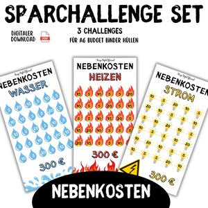May include: A set of three printable budget binder inserts with the text "SPARCHALLENGE SET" and "3 CHALLENGES". Each insert focuses on a different expense: water, heating, and electricity. The inserts feature illustrations and amounts in euros.