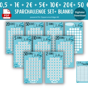 Savings challenge 1 / 2 / 5 / 10 / 20 / 50 euros suitable for envelopes in the savings binder - German version PDF version A6 50 cents 20 cents blue