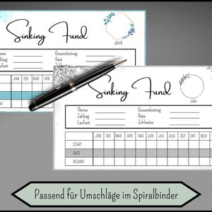 Op de afbeelding: Twee printbare sinking fund trackers met bloemmotieven. Elke tracker heeft een sectie om het thema, de betalingsdatum, de duur, het startbedrag, het tarief en het totaal in te voeren. De trackers zijn ontworpen voor gebruik met enveloppen in een spiraalband.