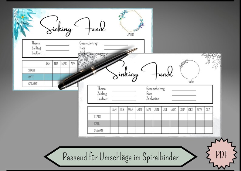 Op de afbeelding: Twee printbare sinking fund trackers met bloemmotieven. Elke tracker heeft een sectie om het thema, de betalingsdatum, de duur, het startbedrag, het tarief en het totaal in te voeren. De trackers zijn ontworpen voor gebruik met enveloppen in een spiraalband.