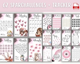 62 savings challenge set incl. tracker pink black pink design | Envelope method | Budget Binder | Digital download A6 PDF