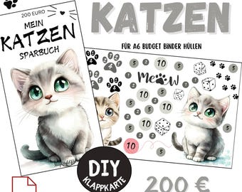 Folding card cat 200 EUR | Savings challenge with tracker | A6 savings game print version | Envelope method | Saving with fun | Budget binder