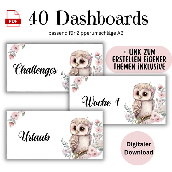 40 Dashboards (Deckblätter) Eule rosa für A6 Umschläge Umschlagmethode im Budget Binder | Digitaler PDF Download