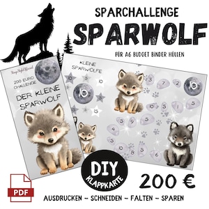 三つ折りカード折りチャレンジ ウルフ | 300ユーロ節約 | A6 PDFをダウンロード | 予算バインダー、封筒方式の節約チャレンジセット