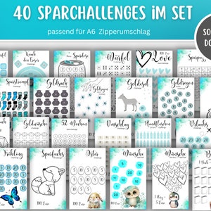 40 Spar Challenges + Tracker passend für Umschlagmethode Budgetbinder, Sparbinder, Budget - Digitaler Download PDF Sparglas Geldwäsche