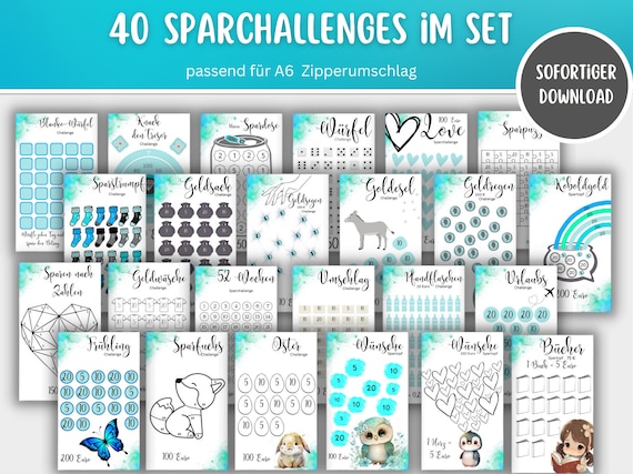 40 Spar Challenges + Tracker passend für Umschlagmethode Budgetbinder, Sparbinder, Budget - Digitaler Download PDF Sparglas Geldwäsche