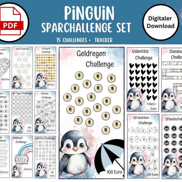 Sparchallenge Set Penguin 2 PDF suitable for A6 envelopes in Sparbinder - German version - Digital download Unicorn envelope method