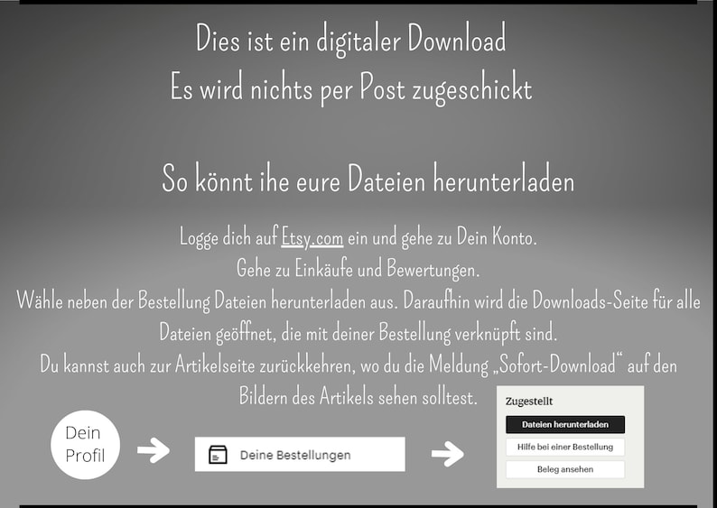 Puede incluir: Una captura de pantalla de un sitio web que muestra instrucciones sobre c&oacute;mo descargar archivos digitales comprados en Etsy. El texto dice "Esto es una descarga digital. No se enviar&aacute; por correo. Puedes descargar tus archivos iniciando sesi&oacute;n en tu cuenta de Etsy, yendo a Compras y valoraciones, y haciendo clic en el bot&oacute;n de descarga junto al pedido."