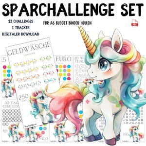 Unicorn Savings Challenge Set, 12 Challenges + Tracker, A6 Budget Binder, Envelope Method, PDF, Digital Download