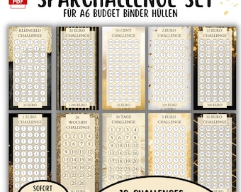 Sfida di risparmio Set PDF A6 Raccoglitore di risparmio con cerniera Download digitale tedesco Sfida di risparmio Metodo busta per riempimento di contanti Raccoglitore di bilancio Planner Oro