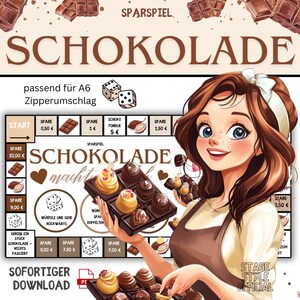 Könnte beinhalten: Ein druckbares Brettspiel mit Schokoladen-Thema. Das Spielbrett zeigt eine Schokoladentafel, Schokoladenfondue und Schokoladenmünzen. Das Spielbrett ist von einem braunen Hintergrund mit dem Text "Sparspiel Schokolade" in weißen Buchstaben umgeben. Das Spielbrett ist für die Größe A6 konzipiert und beinhaltet einen Reißverschlussbeutel.