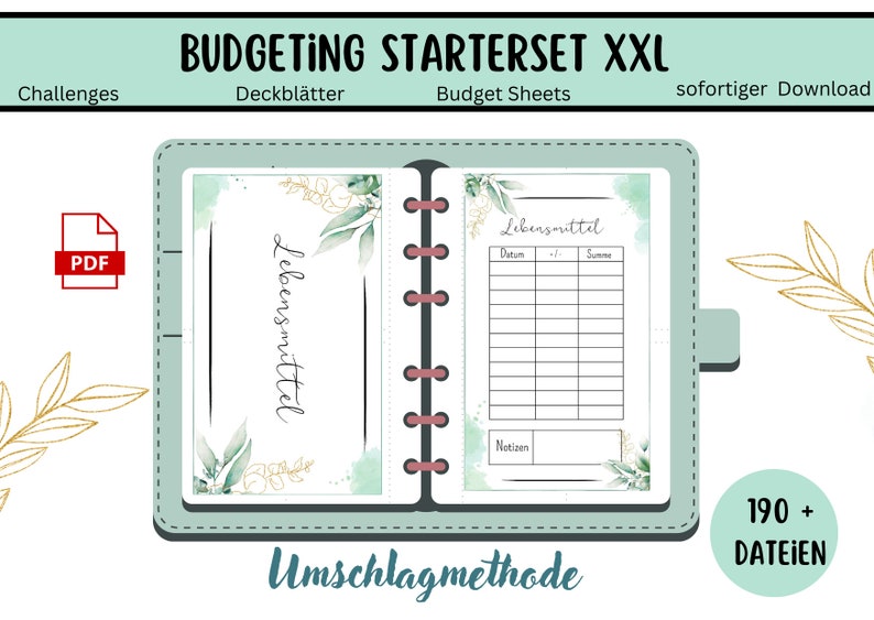 Puede incluir: Un planificador de presupuesto verde y dorado con el texto "BUDGETING STARTERSET XXL" y "Lebensmittel" (alem&aacute;n para "comestibles") en la portada. El planificador es una carpeta con un mecanismo de anillas e incluye m&aacute;s de 190 p&aacute;ginas.