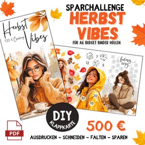 Tarjeta plegable reto ahorro otoño 500EUR | Motivo de mujer acogedora | Descargar PDF | Desafío de plegado A6 | Método del sobre del juego de ahorro Budget Bind