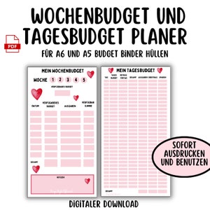 Puede incluir: Planificador de presupuesto imprimible con corazones rosas y rojos. El planificador incluye secciones para presupuestos semanales y diarios. El texto en el planificador dice "Wochenbudget und Tagesbudget Planner" y "Für A6 und A5 Budget Binder Hüllen".