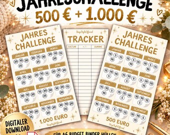 Jahreschallenge 500 1000, Gold-Weiß Kalenderdesign, A6 Budget Binder, Sparchallenge PDF, Digitaler Download