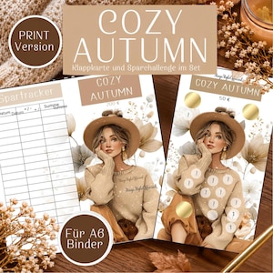 Könnte beinhalten: Ein Set aus bedruckten Blättern für einen A6-Ordner mit dem Text COZY AUTUMN. Das Design zeigt eine Illustration einer Person mit breitkrempigem Hut und Pullover, umgeben von Blumenmotiven, einem Spartracker-Raster und goldenen Kreisen.