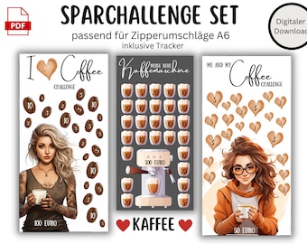 Coffee Savings Challenge Set of 3 | 100, 50, 300 EUR + 1 Tracker | A6 Cover Download | Coffee Lover Savings Game | PDF | Envelope Method