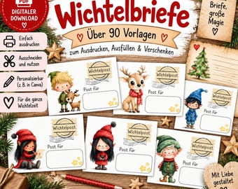 Könnte beinhalten: Ein digitaler Download mit über 90 druckbaren Blanko Wichtelbriefe-Vorlagen, die festliche Illustrationen von Wichteln und Rentieren zeigen, mit Feldern zum Ausfüllen, Wichtelpost-Stempeln und kleinen Sternen auf weißen Karten.
