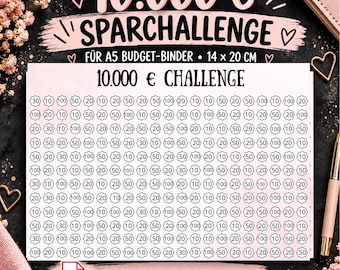 May include: A white A5 savings challenge sheet measuring 14 by 20 cm with the text 10.000 € CHALLENGE. The sheet features a grid of small star-shaped icons, each containing a numerical value of 10, 20, 30, 50, or 100 for tracking savings.