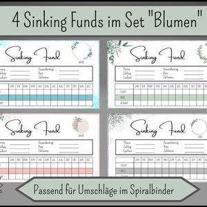 Op de afbeelding: Vier printbare sinking fund trackers met bloemmotieven. Elke tracker heeft een sectie voor de naam van het fonds, het totale bedrag, de rente en de maandelijkse besparingen. De trackers zijn ontworpen om in een spiraalband te passen.