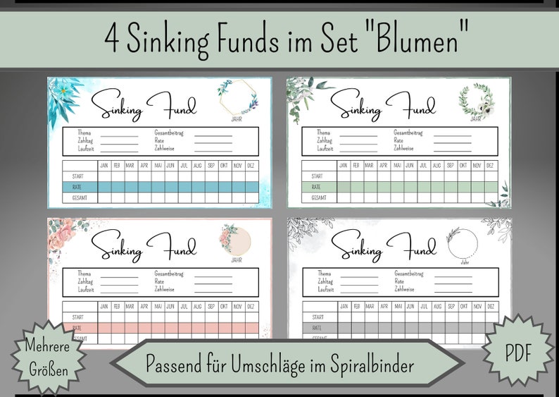 Op de afbeelding: Vier printbare sinking fund trackers met bloemmotieven. Elke tracker heeft een sectie voor de naam van het fonds, het totale bedrag, de rente en de maandelijkse besparingen. De trackers zijn ontworpen om in een spiraalband te passen.