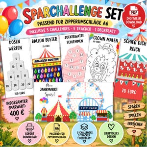 Op de afbeelding: Een digitale spaarchallenge-set voor A6-ritsenveloppen met vijf kermis-thema spelkaarten, trackers en een voorblad. De set bevat illustraties van blikgooien, een ballonnenspel, suikerspin, een clown en een eendjeskraam.