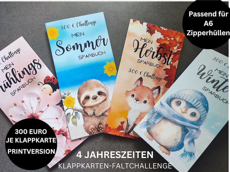 1 Jahres Challenge Klappkarten Tier  ~Rubbelchallenge ~ 12 Monats Challenge ~ Jahreszeiten ~Umschläge Sparbinder - Budgetbinder 2026