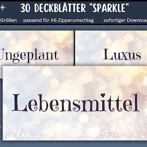 Könnte beinhalten: 30 druckbare Deckblattvorlagen mit einem funkelnden Hintergrund. Der Text "30 DECKBLÄTTER "SPARKLE"" befindet sich oben im Bild. Die Wörter "Ungeplant", "Luxus" und "Lebensmittel" stehen auf den Deckblattvorlagen.