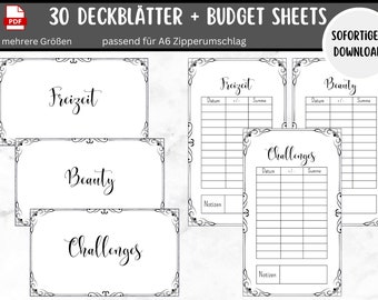 30 Dashboards (cover sheets) + Tracker "black and white" for A6 envelopes Envelope method in the Budget Binder | Digital PDF Download SW