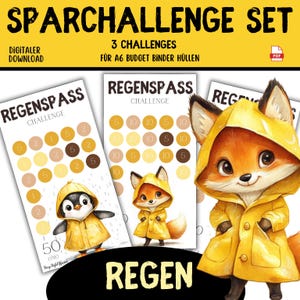 Può includere: Un set di download digitale con tre sfide per raccoglitori di budget "Sparchallenge". Il set include illustrazioni di un pinguino e due volpi con impermeabili gialli. Il testo include "Regenspass Challenge".