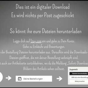 Puede incluir: Una captura de pantalla de un sitio web que muestra instrucciones sobre c&oacute;mo descargar archivos digitales comprados en Etsy. El texto dice "Esto es una descarga digital. No se enviar&aacute; por correo."