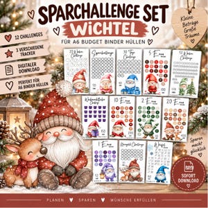 Könnte beinhalten: Ein Sparchallenge-Set für A6-Budgetplaner mit zwölf bedruckbaren Tracker-Karten, illustriert mit Wichteln und Rentieren. Das Set enthält verschiedene Challenges wie 5 Euro, 10 Euro, 20 Euro, 52 Wochen und 30 Tage. Text: Sparchallenge Set Wichtel, Kleine Beträge Große Träume und Sofort Download.