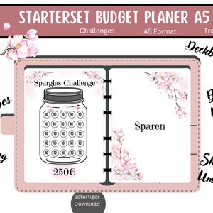 Puede incluir: Un planificador de presupuesto rosa y blanco con un dise&ntilde;o floral. El planificador incluye un desaf&iacute;o de ahorro, hojas de presupuesto y un rastreador. El planificador est&aacute; en formato A5.