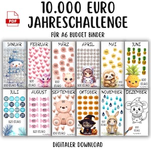 May include: A digital download for an A6 budget binder with a 10,000 Euro yearly challenge. The design features monthly savings trackers with cute illustrations and text. The words "Digital Download" are at the bottom.