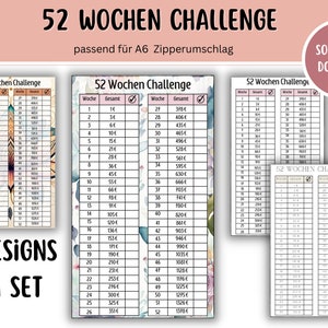 Pode incluir: Quatro designs imprimíveis para um desafio de 52 semanas. Cada design apresenta um padrão floral diferente e uma tabela com colunas para o número da semana e o valor total. O texto "52 Wochen Challenge" está no topo de cada design.
