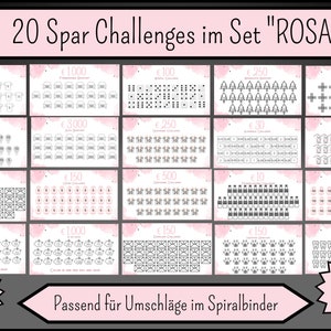 May include: A set of 20 printable saving challenges in a pink and gray color scheme. The challenges are designed to be printed and used with a spiral binder. Each challenge has a different amount of money to save, ranging from $100 to $3,000. The text on the cards reads "20 Spar Challenges im Set "ROSA"" and "Passend f&uuml;r Umschl&auml;ge im Spiralbinder".