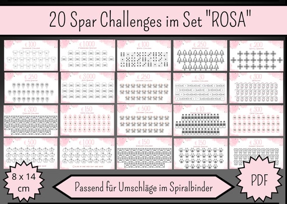 20 Spar Challenges ROSA passend für Umschläge des Sparbinders - deutsche Version - Digitaler Download
