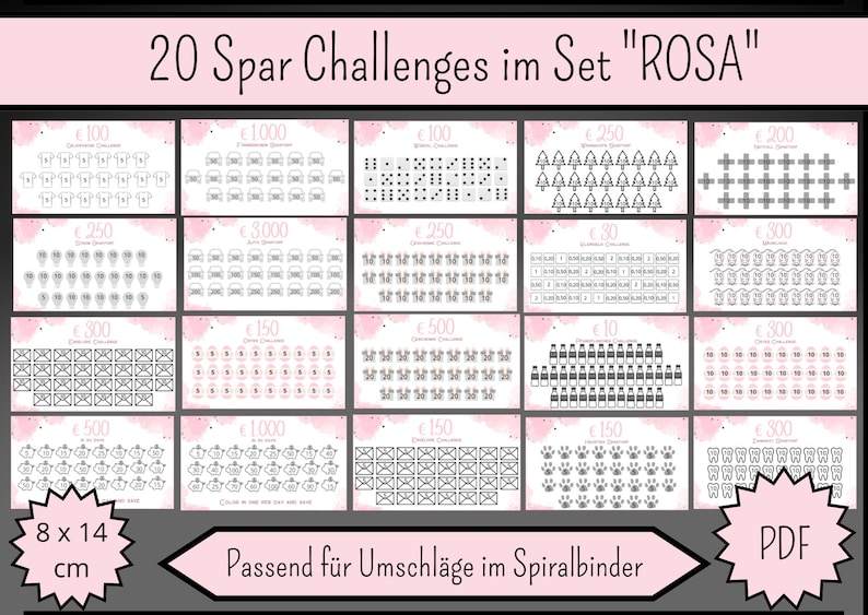 May include: A set of 20 printable saving challenges in a pink and gray color scheme. The challenges are designed to be printed and used with a spiral binder. Each challenge has a different amount of money to save, ranging from $100 to $3,000. The text on the cards reads "20 Spar Challenges im Set "ROSA"" and "Passend f&uuml;r Umschl&auml;ge im Spiralbinder".