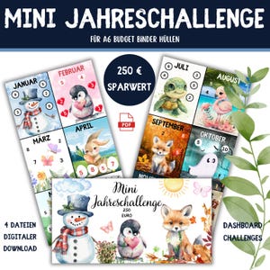 Puede incluir: Un conjunto de 12 tarjetas de desafío mensuales imprimibles con ilustraciones de animales adorables. Cada tarjeta tiene una cuadrícula de números con un total de 250 euros. Las tarjetas están diseñadas para usar con cubiertas de carpeta de presupuesto A6. El texto en las tarjetas dice "Mini Jahreschallenge" y "250 Euro".