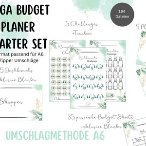 Puede incluir: Un conjunto de inicio de planificador de presupuesto imprimible verde y blanco con 85 tableros, incluidas plantillas en blanco. El conjunto incluye 5 desaf&iacute;os, como un desaf&iacute;o de "lavado de dinero" y un desaf&iacute;o de "compras". El conjunto est&aacute; dise&ntilde;ado para carpetas con cremallera A6. El texto "MEGA BUDGET PLANER STARTER SET" est&aacute; en la parte superior de la imagen. El texto "UMSCHLAGMETHODE A6" est&aacute; en la parte inferior de la imagen.