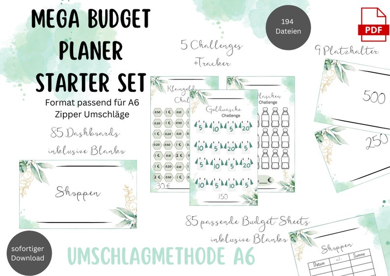 Puede incluir: Un conjunto de inicio de planificador de presupuesto imprimible verde y blanco con 85 tableros, incluidas plantillas en blanco. El conjunto incluye 5 desaf&iacute;os, como un desaf&iacute;o de "lavado de dinero" y un desaf&iacute;o de "compras". El conjunto est&aacute; dise&ntilde;ado para carpetas con cremallera A6. El texto "MEGA BUDGET PLANER STARTER SET" est&aacute; en la parte superior de la imagen. El texto "UMSCHLAGMETHODE A6" est&aacute; en la parte inferior de la imagen.
