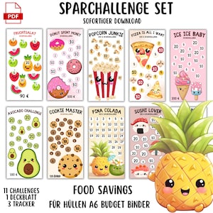 Könnte beinhalten: Ein Set druckbarer Spar-Challenges mit niedlichen Illustrationen. Enthält Designs für Obstsalat, Donuts, Popcorn, Pizza, Eis, Avocado, Kekse, Piña Colada und Sushi. Text enthält "SPARCHALLENGE SET" und "FOOD SAVINGS".