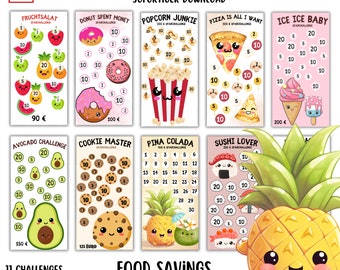 Food Savings Challenge Set | 11 A6 PDFs | Kawaii Budget Binder | tracker