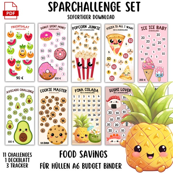 Budget Challenge Économies alimentaires Savings Challenge Set Enveloppes Budget Planner A6 - Téléchargement numérique | Fruits Kawaii