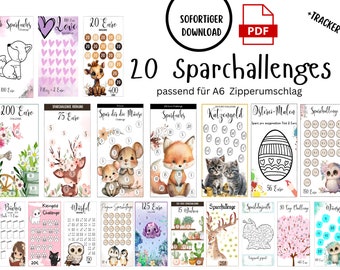 20 savings challenge set including tracker animals design Envelope method | Budget Binder | German Version Digital Download A6 PDF Sparfuchs