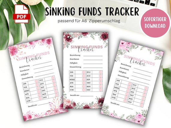 3 Sinking Funds Tracker im Set Bundle - Sinking Fund Tracker - Rosa Blume - Umschlagtracker - passend für die A6 Umschläge - Budget Binder