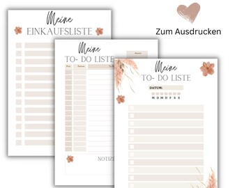 Einkaufsliste Boho Blume Printable to do Liste, Lebensmittelliste zum ausdrucken Download PDF Checkliste Vorlage
