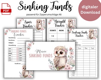 Sinking Funds Set "Owl" Cover Sheet Envelopes Budget Planner - German -Challenge Digital Download Envelope Method A6