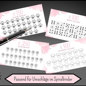 May include: Four printable cards with pink watercolor backgrounds and different challenges for earning money. The cards are labeled with amounts in Euros: &euro;150, &euro;100, &euro;250, and &euro;100. The challenges are "Haunted Spartoo", "Wuerfel Challenge", "Strow Spartoo", and "Celovasche Challenge".